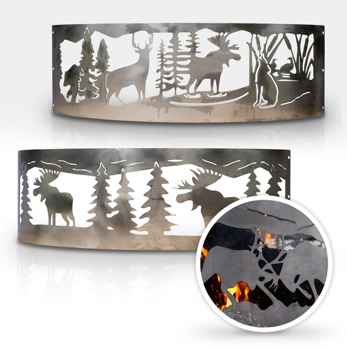 Wilderness Collage Fire Ring - laser cut steel panels with deer, moose and pine tree designs